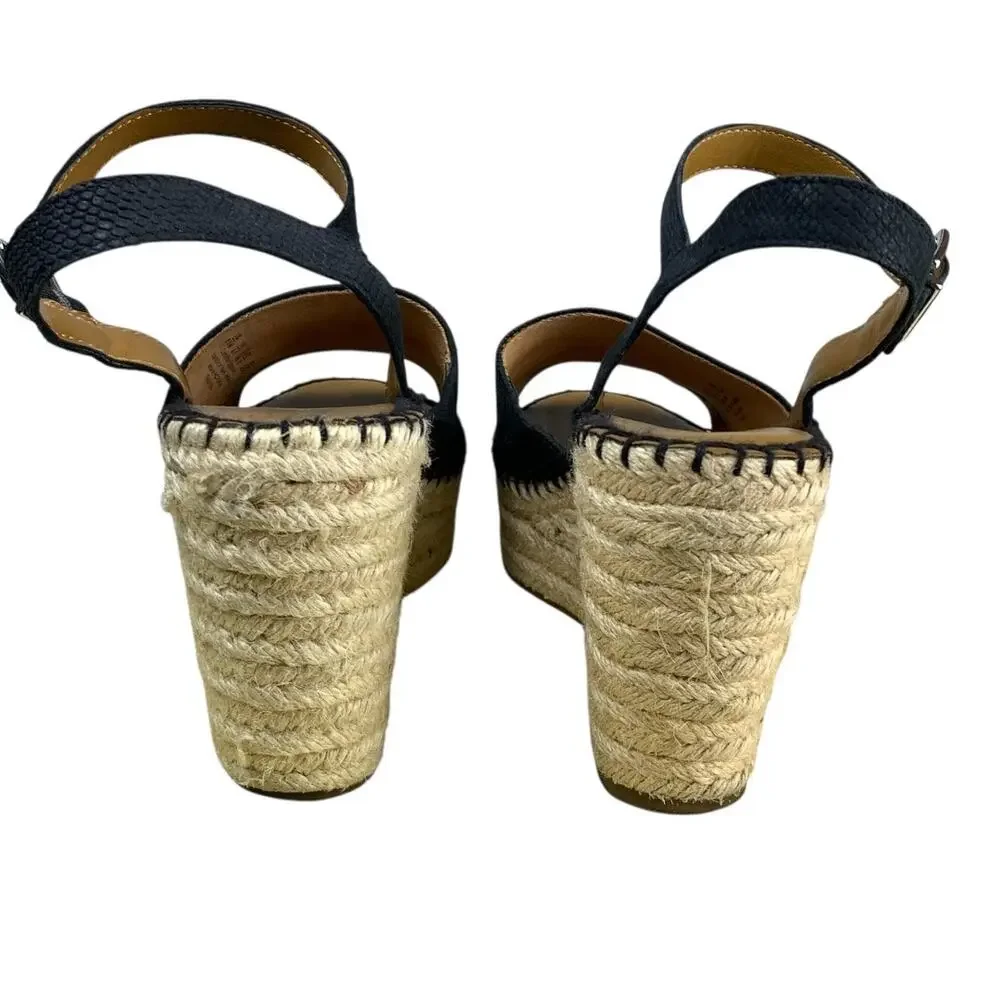 Franco Sarto Black Snakeprint Platform Espadrille Sandals 8.5 Leathr
